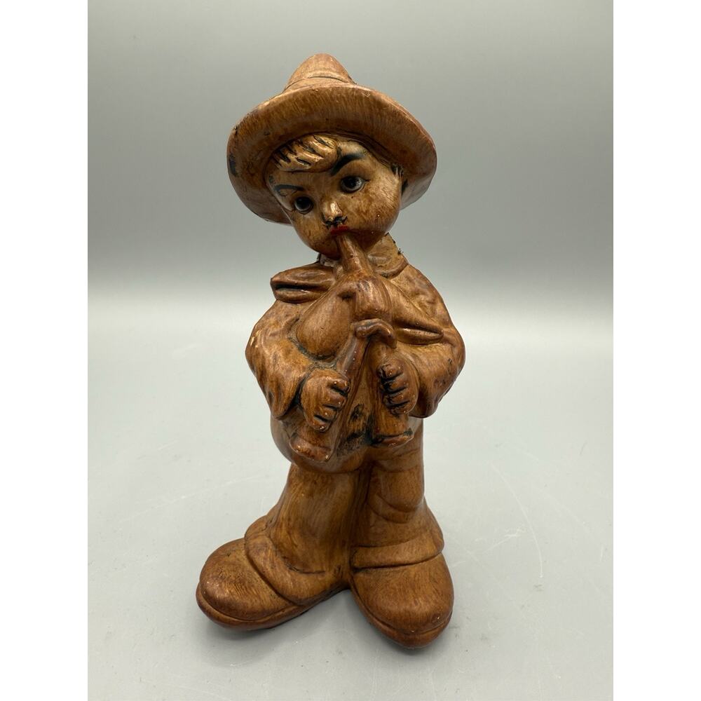 “Vintage Faux Wood Plastic Boy Figurine 7” Hong Kong Big Shoes w/ Hat 1950s–70s”